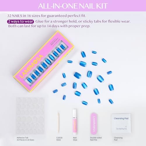 32Pcs Cat Eye Press On Nails Short Square – Royal Blue False Nails Blue Velvet