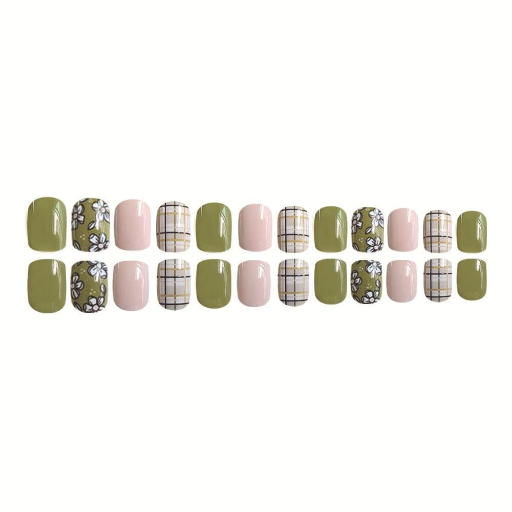 Short Press on Nails Green Square Fake Nails Pink Flower Grids False Nail Glo…