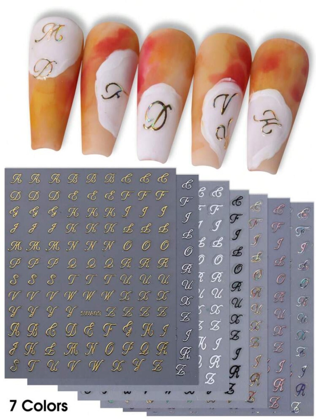 Nail Art Stickers Decals English Alphabet Letters Rose Gold Silver Black SWA09