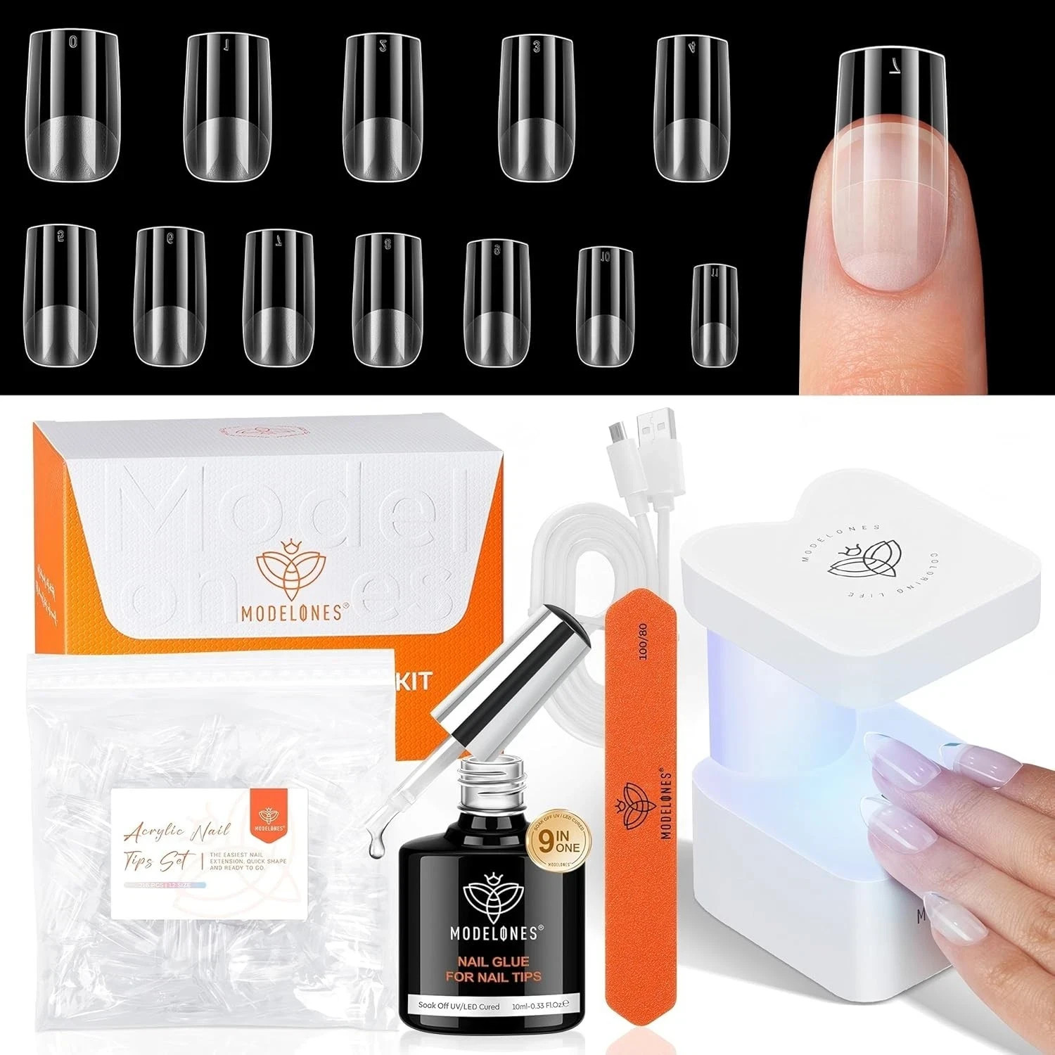 Gel X Nail Kit, Gel x Nail Tips Medium Square, 9-in-One Nail Glue & Portable U V