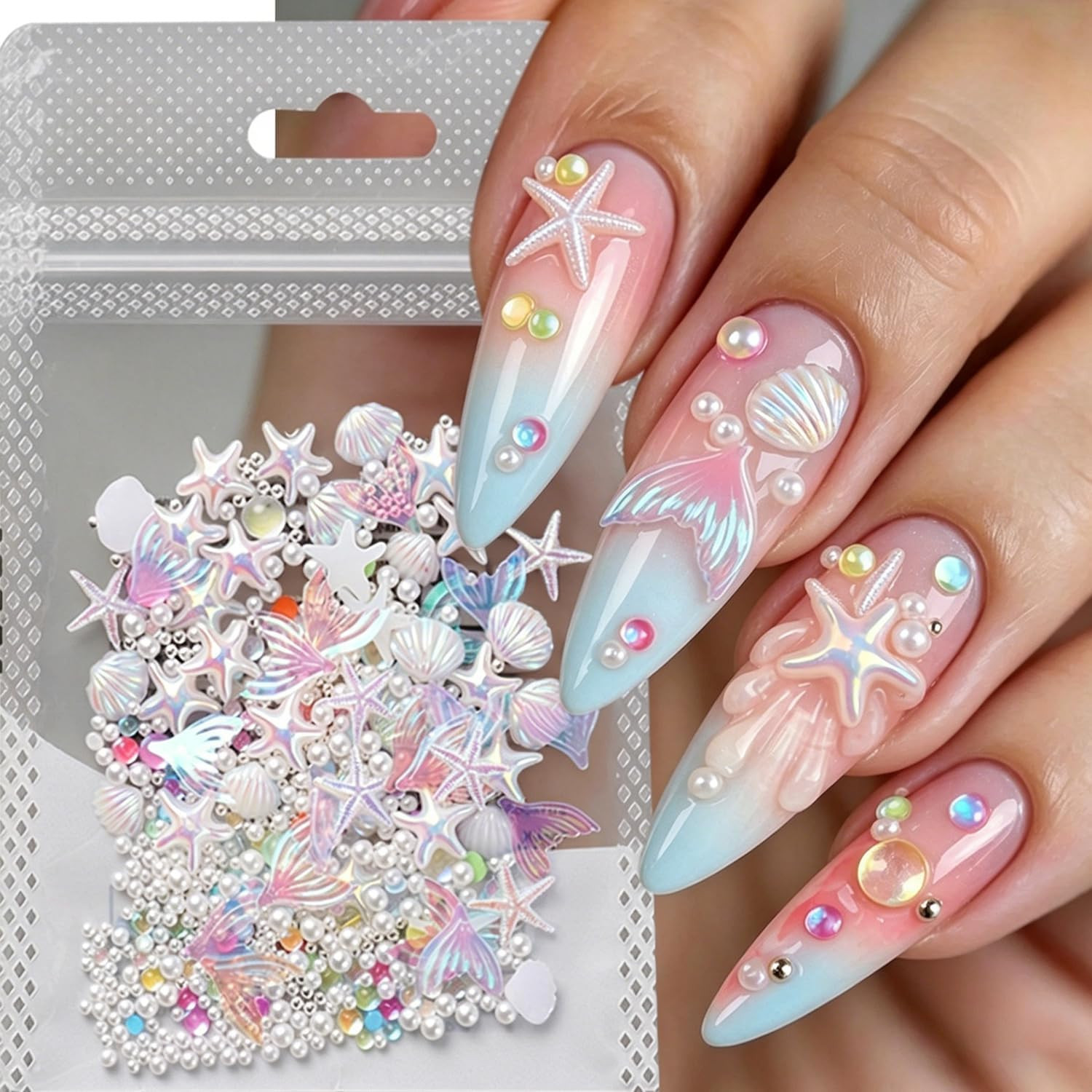 200Pcs 3D Aurora Beach Nail Charms Set Summer Ocean Nail Art Charms with Mermaid