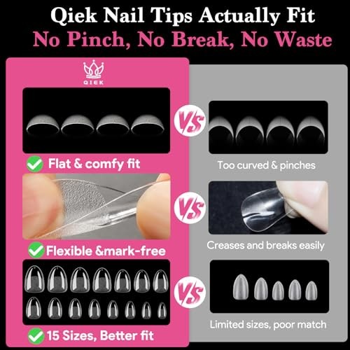 Extra Short Almond False Nail Tips, 15 Sizes 510 PCS Clear A-Extra Short Almond