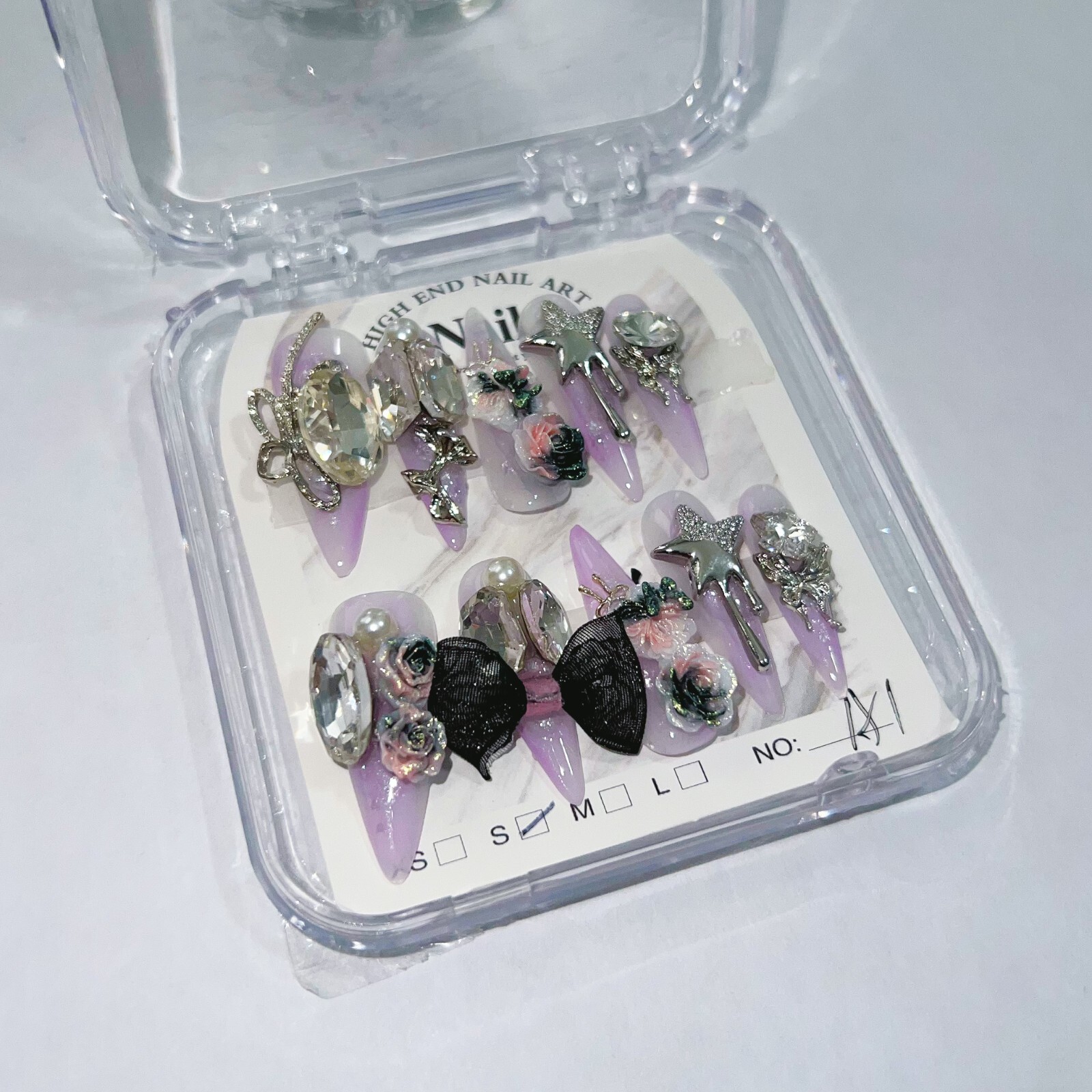 Handmade Flowers And Rhinestones False Nail Long Stiletto Press on Nail