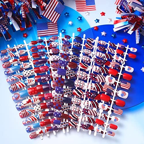 16 Pack 4th of July Press on Nails – Patriotic Retro Flag Pattern 384 Pieces
