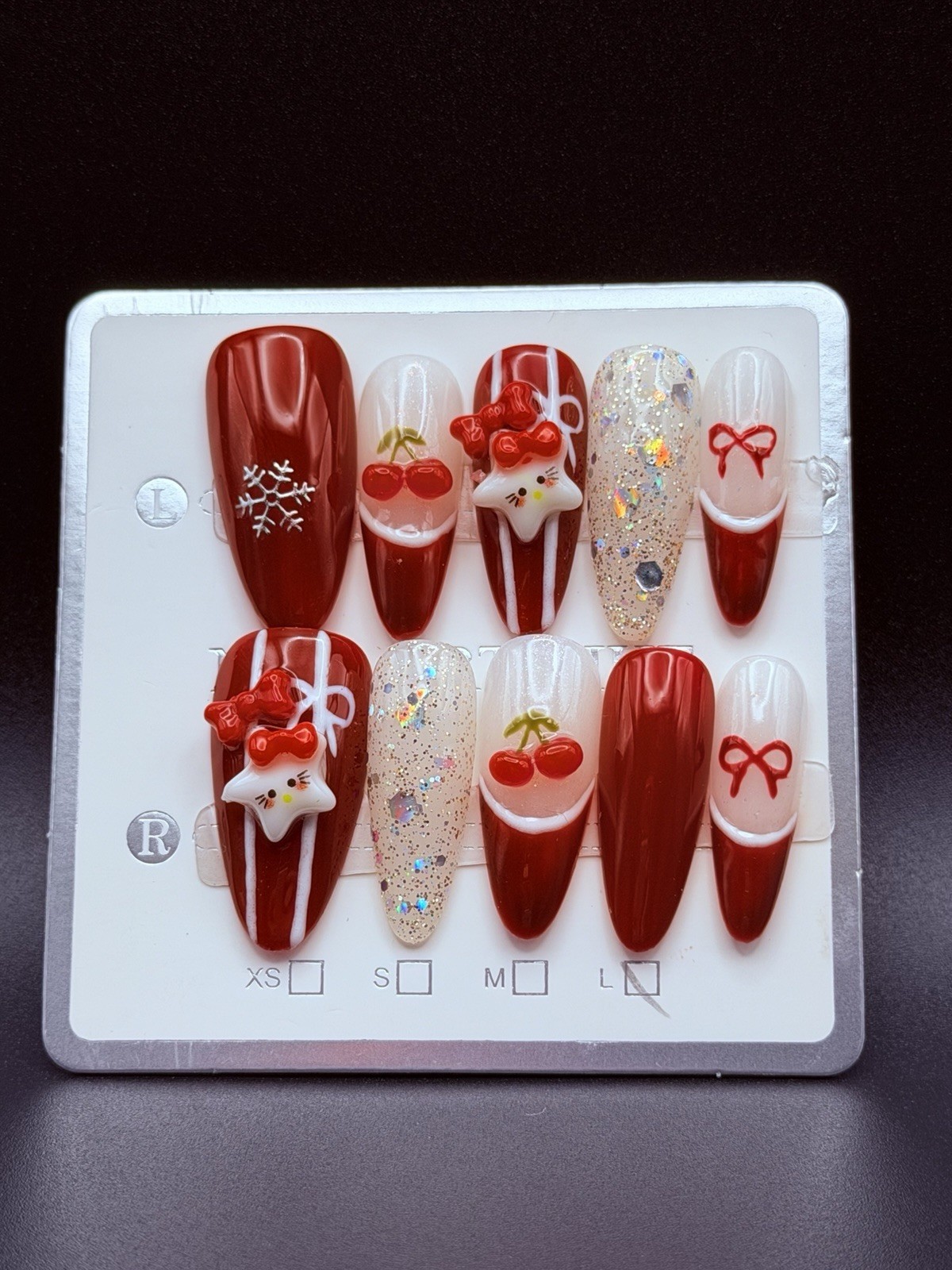 10 PCs Medium-Long Handmade Nails Red w/ Cherry & Star 3D Charms & Sparkle Sz LG