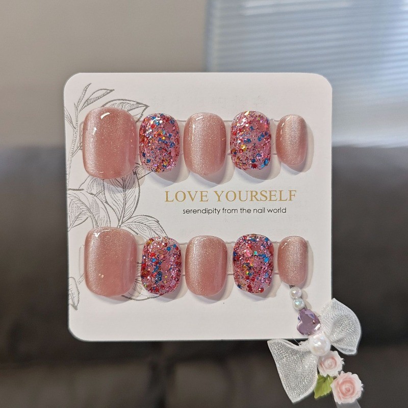 10Pcs-Short Round Nude Brown Pink Iridescent Glitter Glossy Press on Nails