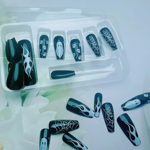 Black Halloween Press on Nails Square Long Fake Nails Ghost Flame C Nails 3
