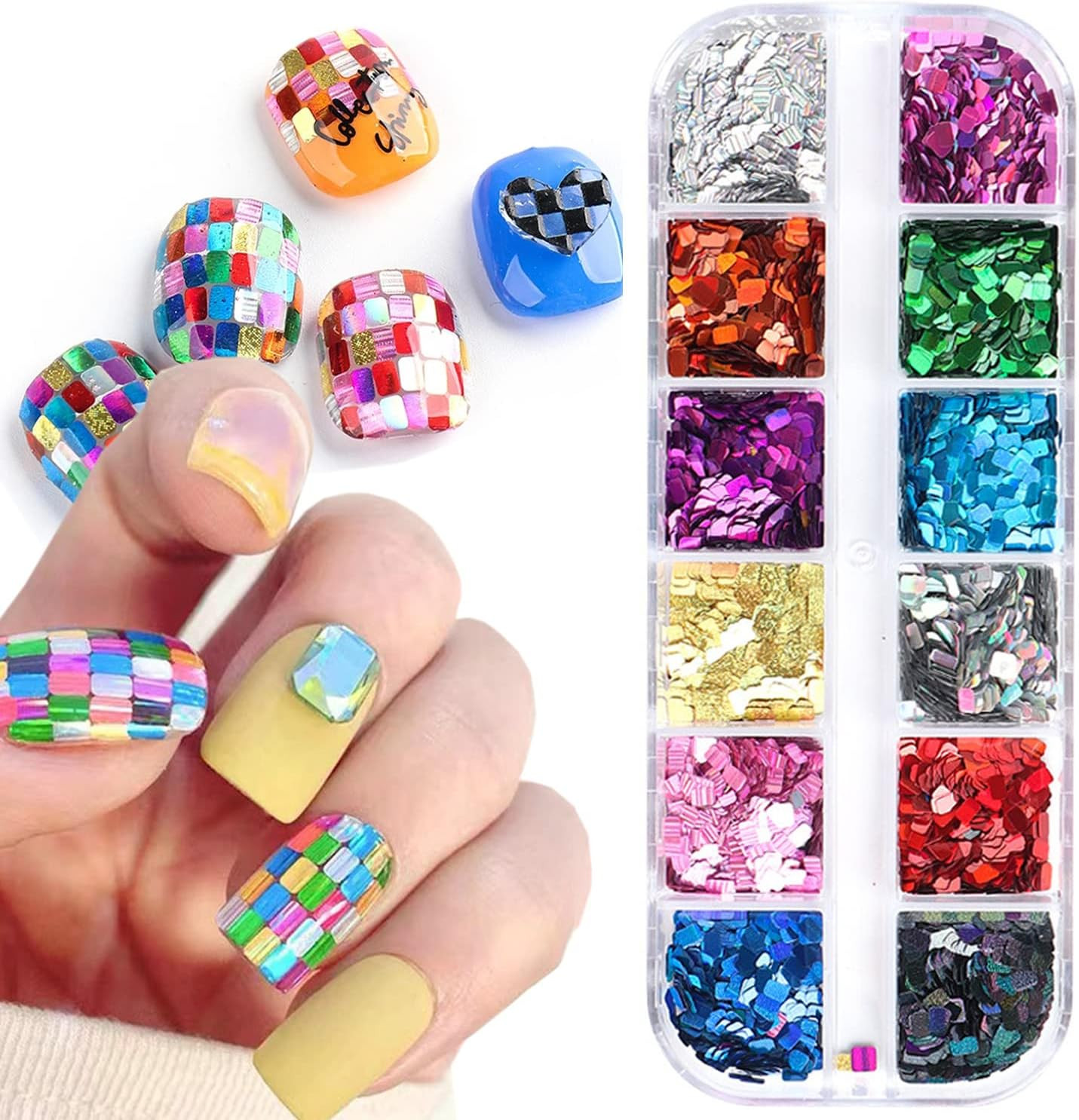 Holographic Nail Glitter Flakes, 12 Colors Rectangle Sparkly Nail Square