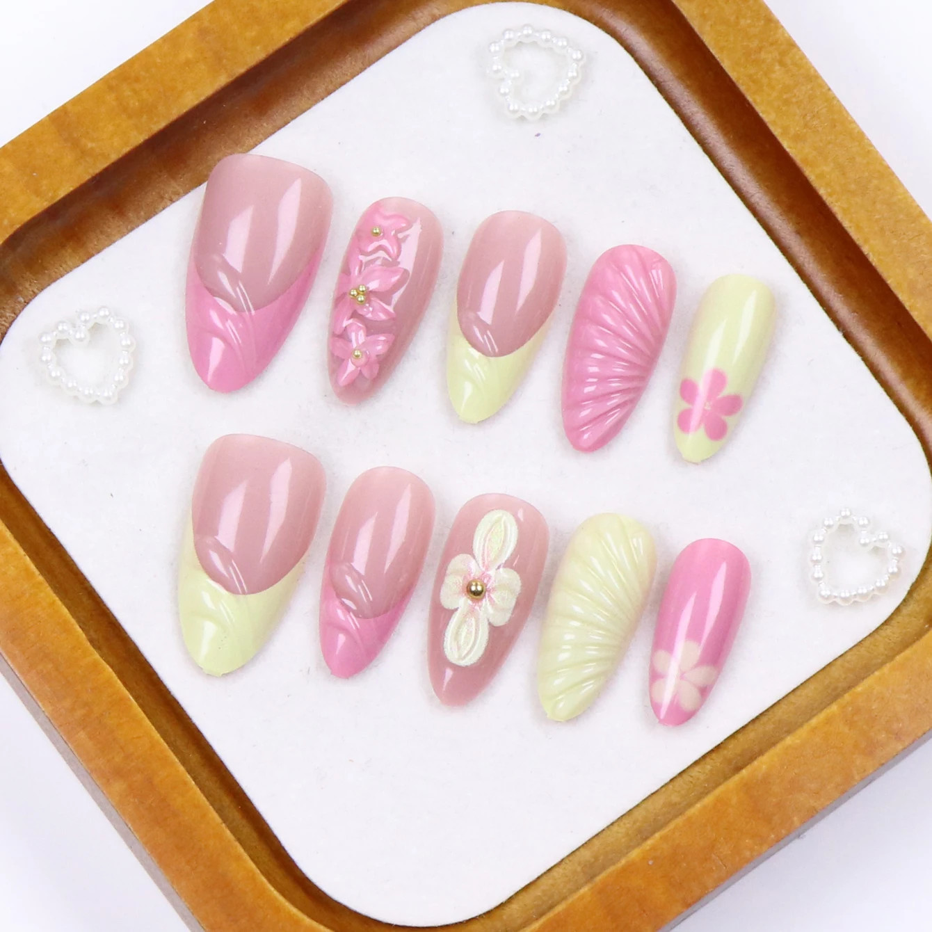 10PCS French Pointed Almond Acrylic Nails Medium Length 3D Full Cover Fake Nails