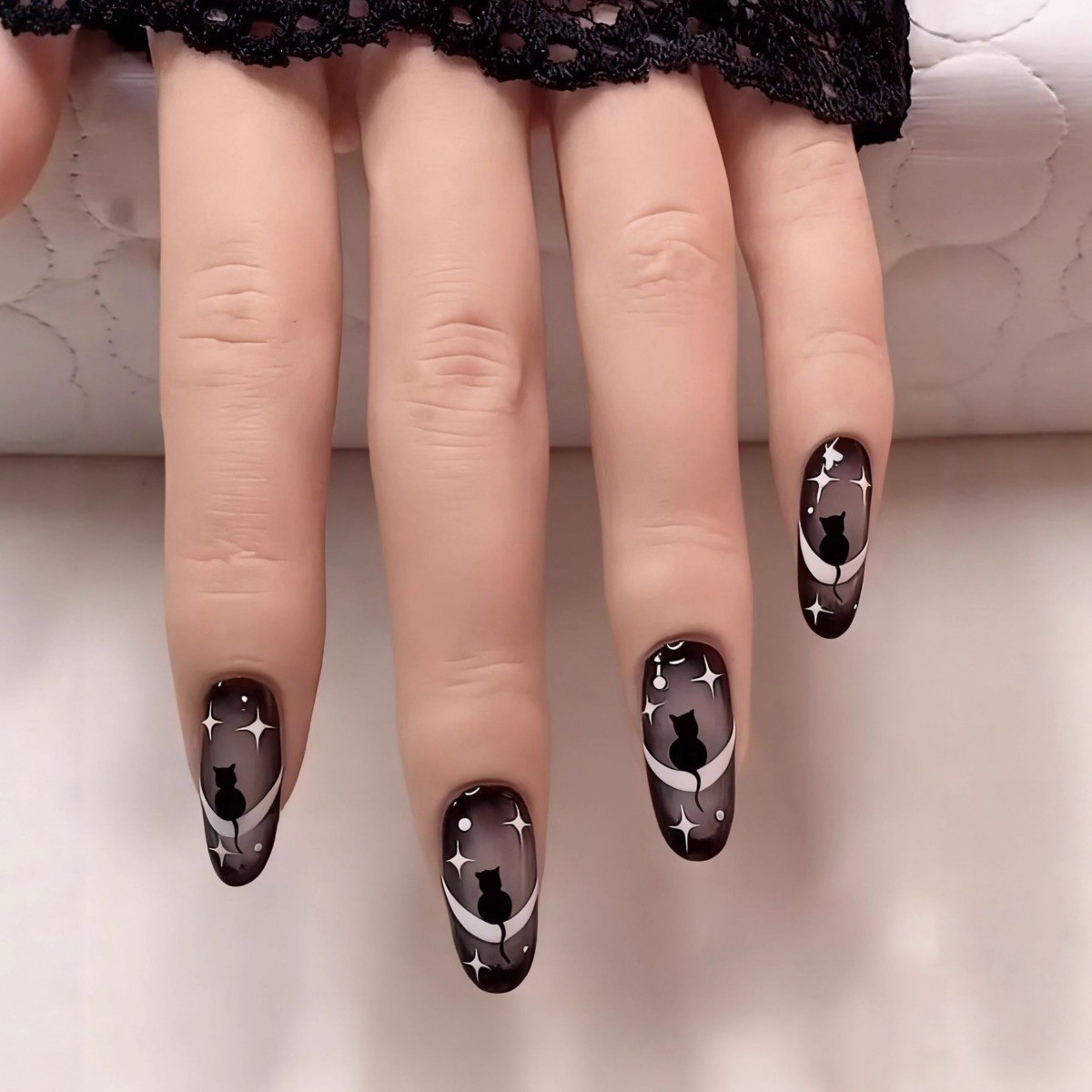 48pcs Almond Press on Nails, Black Smoke Cat Moon Star Gothic Trend Nails