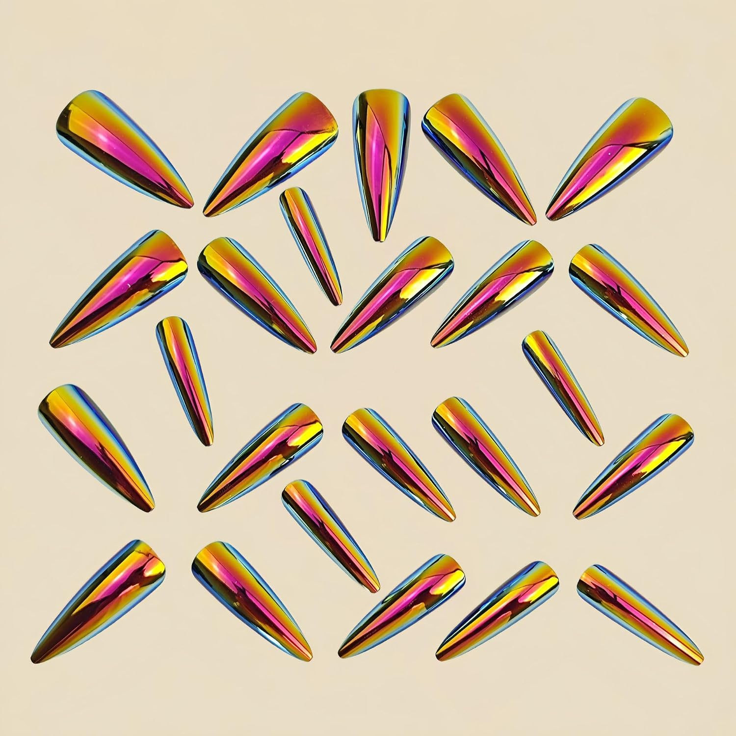 Gold Chrome Press on Nails Mirror Metal Stiletto Fake Nails Metallic Chrome Fals