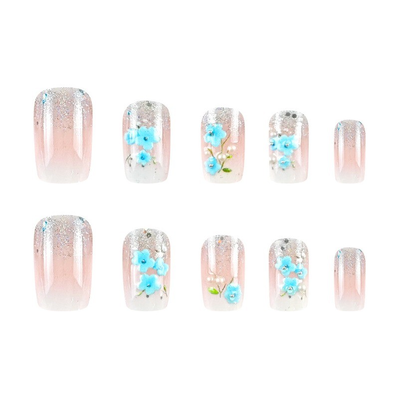 48pcs-White Nude Ombre Nails, Press on With 3D Blue Flowers and Pearl Accents