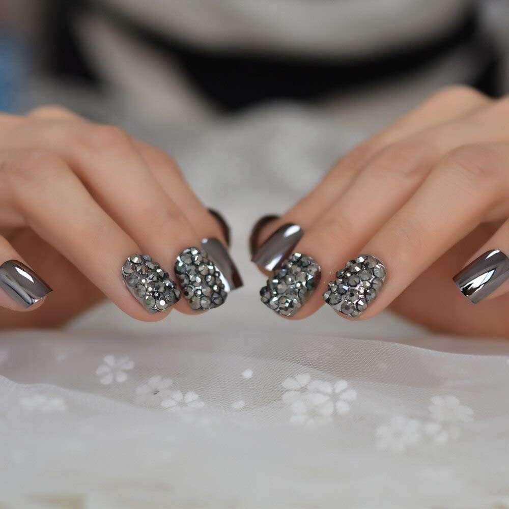 Punk Dark Gray Metallic Mirror French Nail Tips with Glue Stickers