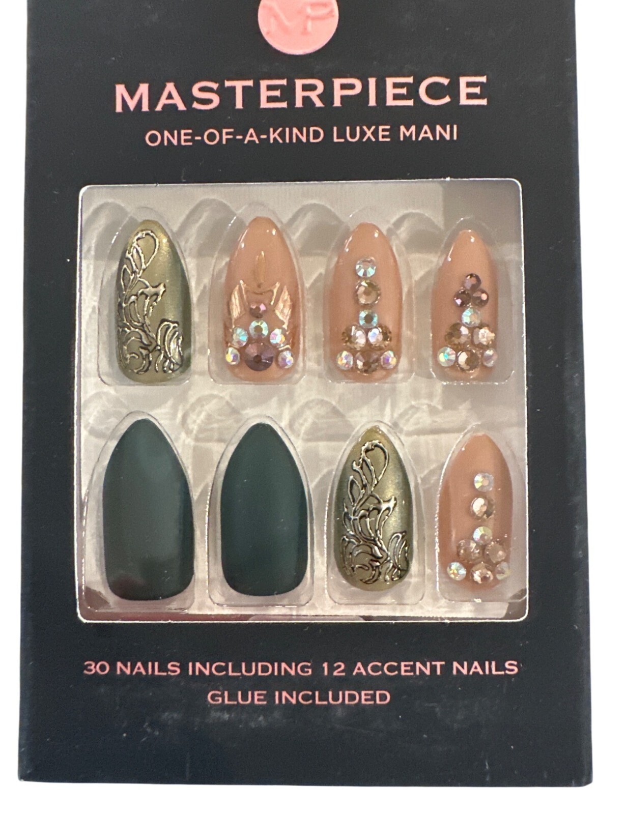 Kiss MASTERPIECE 30 Nails Long Almond Matte+Glossy Nude+Green Jewels 12 Accents