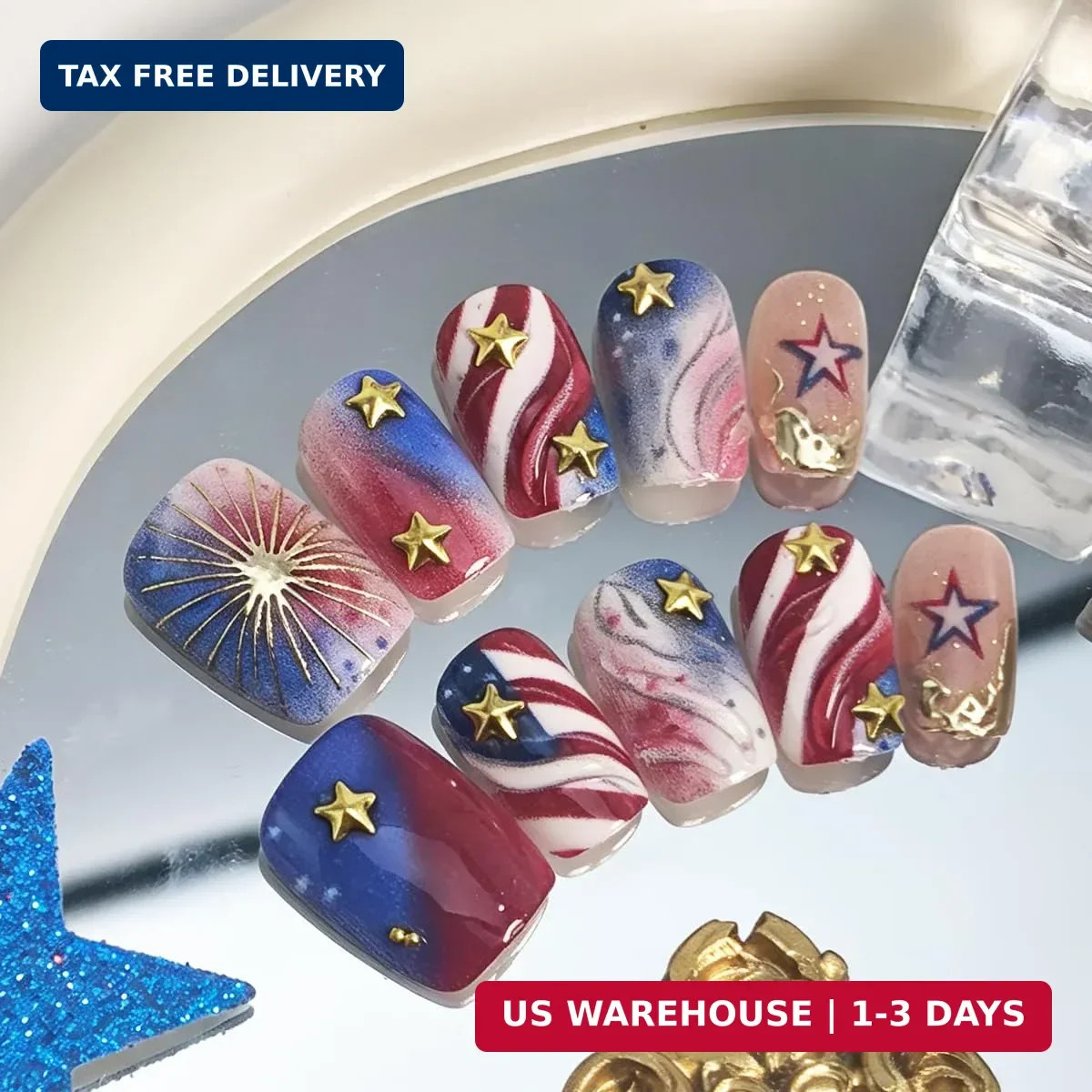 4th of July Press on Nails Medium Square Independence Day Fake Nails 3D Gold Sta