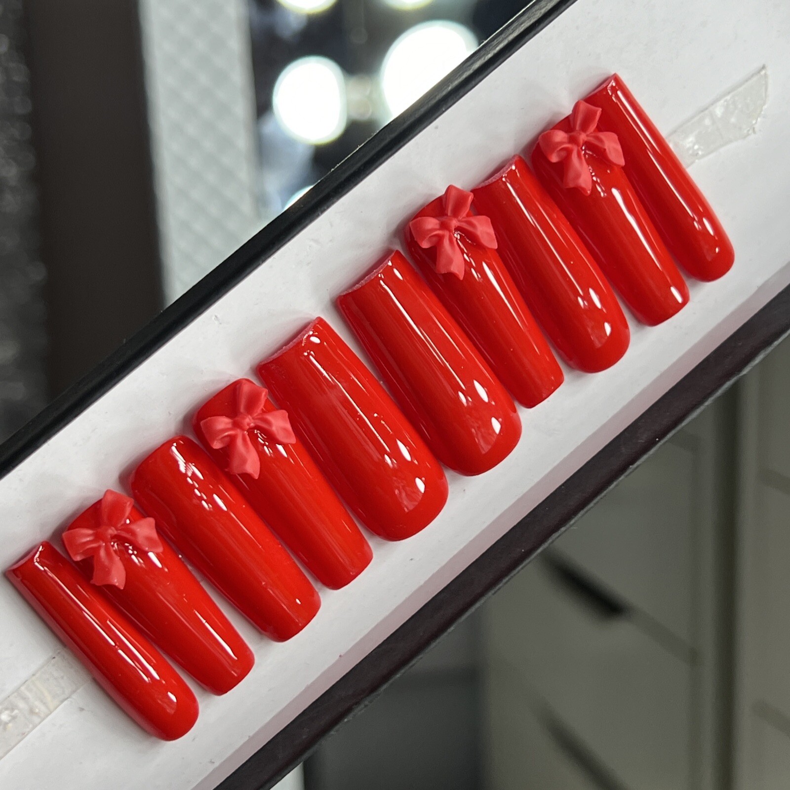 🔥CUSTOM Gel Press On Nails, CLASSIC RED BOW, 10p set FULL SET W Kit LONG SQUARE