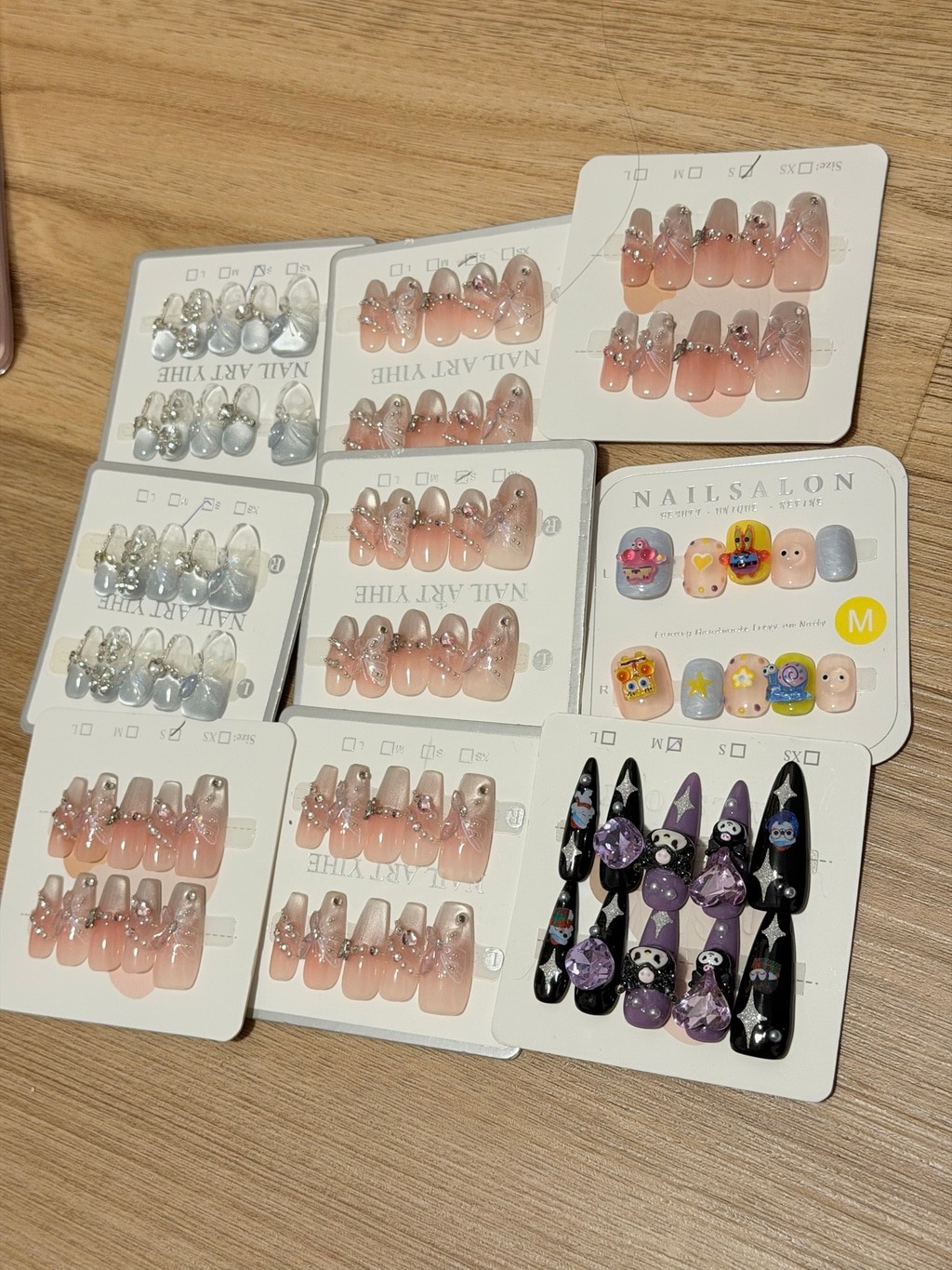 Lot of 8 Handmade Press On Nail Sets 3D Rhinestone Bow Cute Kawaii Mixed Designs