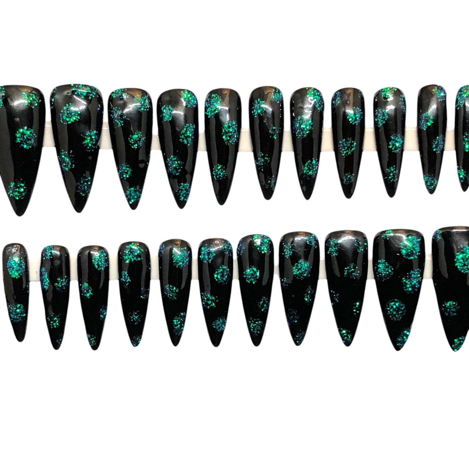 Custom Handmade Press On Nails Long Almond Black & Teal Plus Matching Jewelry