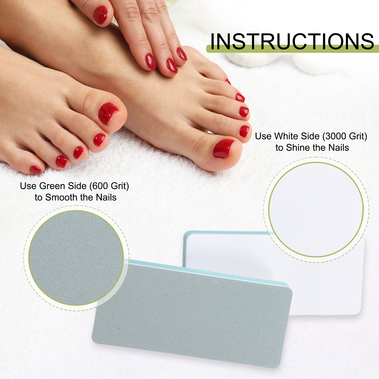 4pcs Nail Buffer Block 600/3000 Grit Nail File for Nail Buffing, White/Green
