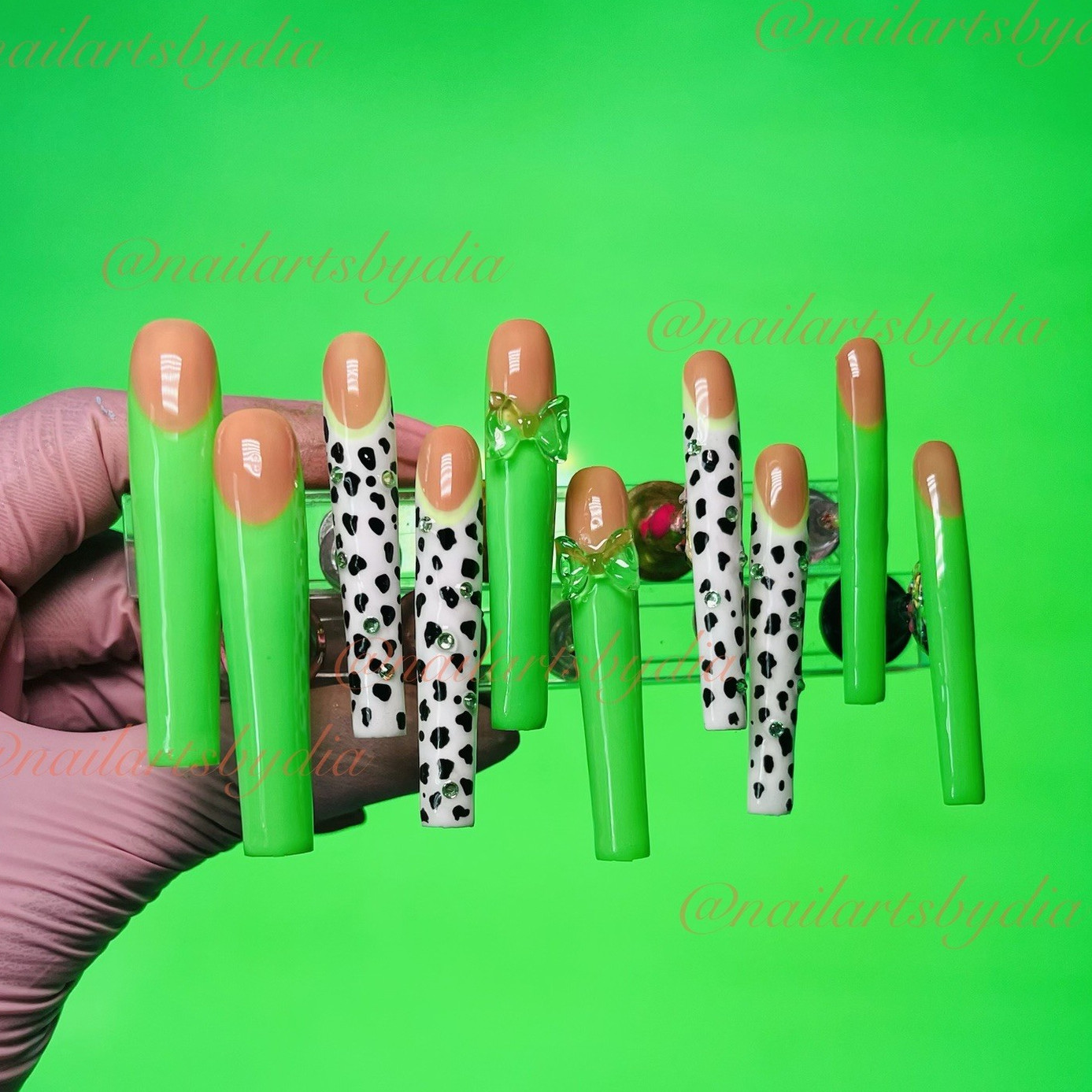 Long Coffin Press-On Nails Nude Green Black White Animal Print Shiny by Dia