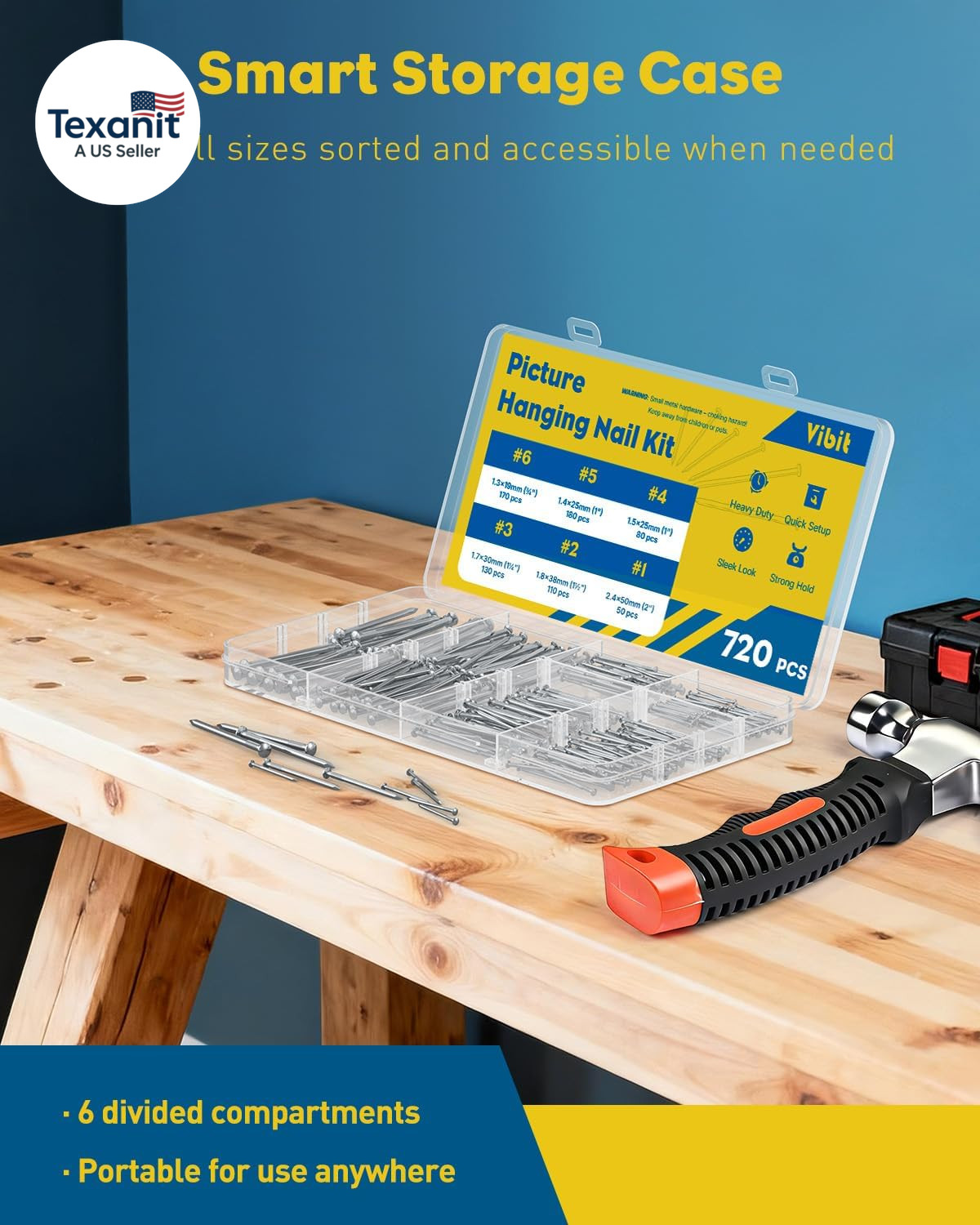 720 Pcs Nail Assortment Kit with Small Hammer, 6 Sizes, Picture Hanging Nails fo