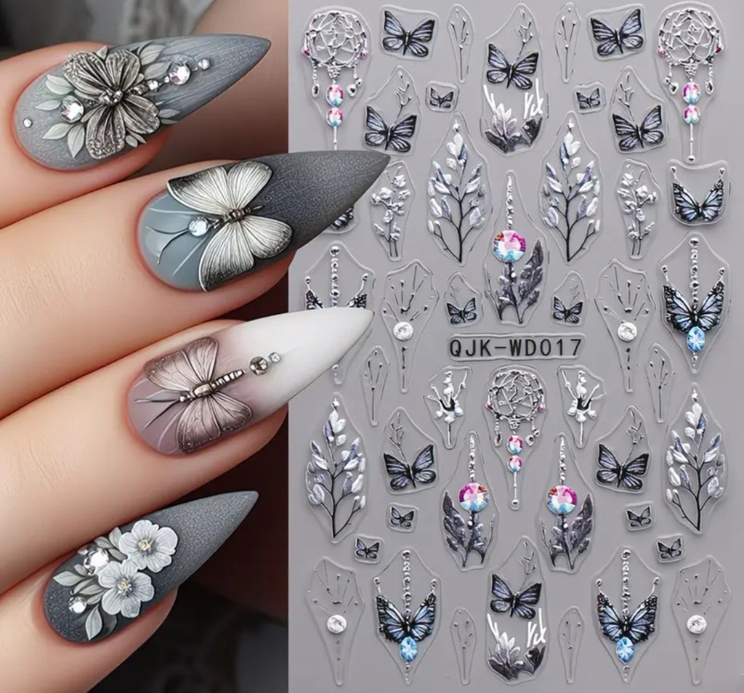 2 Pc Silver Black Nail Art Transfer Stickers Butterfly Scrolling Floral Gem Pink