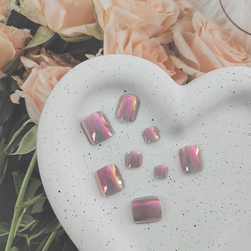 Short Press on Toenails Cat Eye Toe nails Press ons Pink Fake Pink Chrome