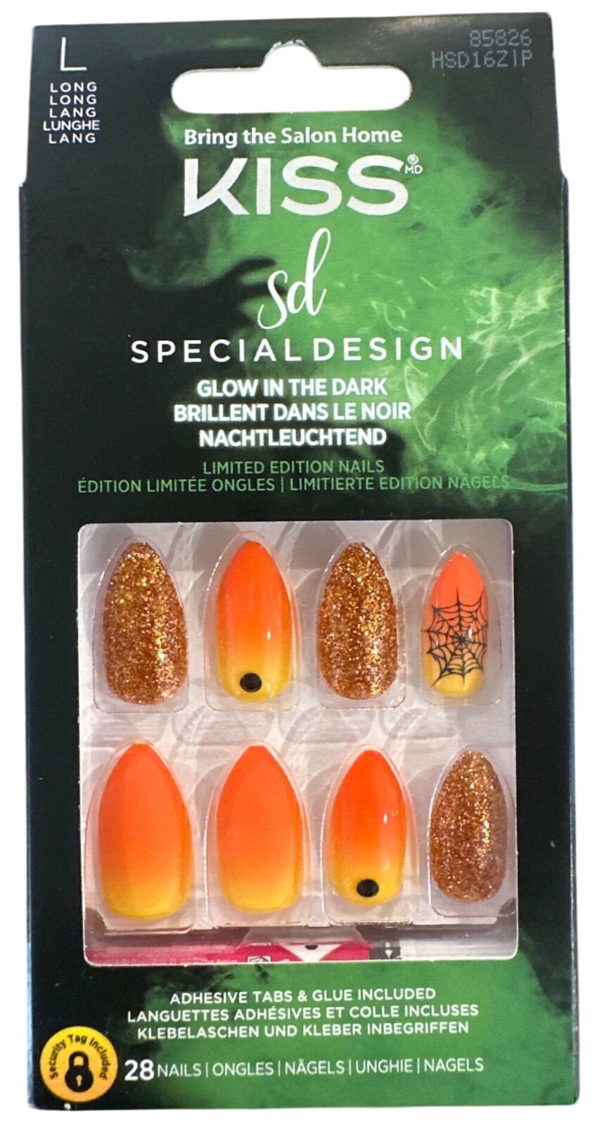 Kiss HALLOWEEN GLOW IN DARK 28 Nails Long Almond Matte+Glossy+Glitter Spider Web