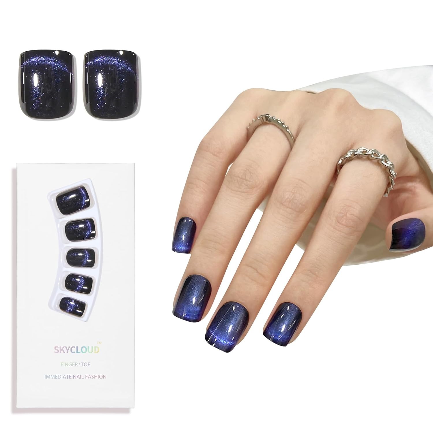 Dark Blue Track Cat Eyes Press On Nails,12 Sizes – 24 Pcs Soft Gel Short Blue Bl