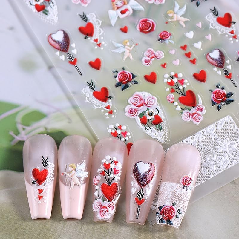Valentine’s Day Nail Art Stickers Decals 5D Embossed Angel Heart Nail Style1