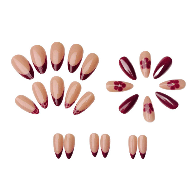 48P Short Almond Press on Nails, Wine Red Swirl French Luxury Fake Nails