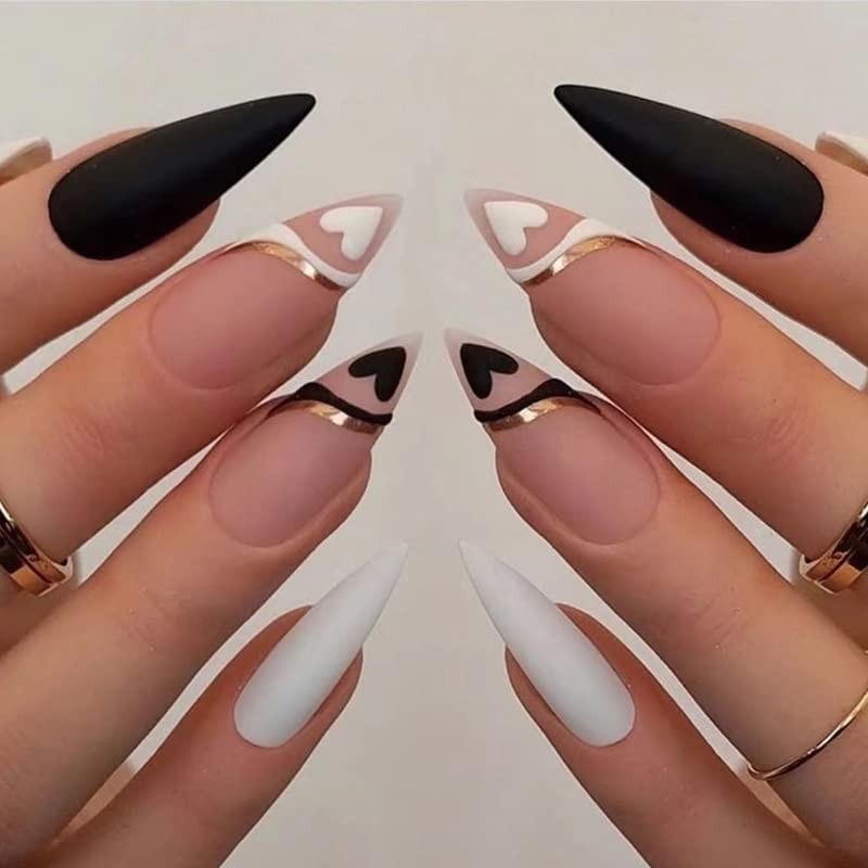4 Packs (96 Pcs) Press on Nails Medium Gold & Black Almond Design, Matte Fake…