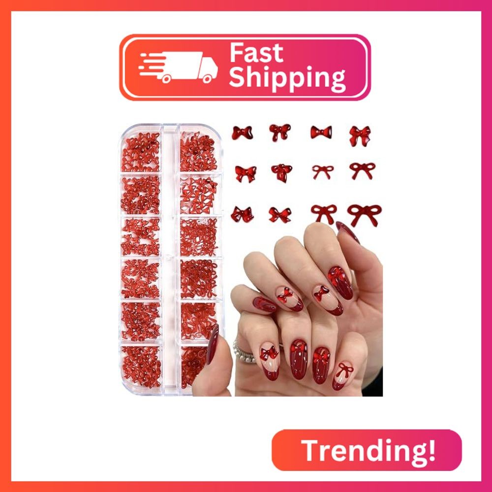 12Grid Bow Nail Charms 3D Red Bowknot Nail Art Rhinestone Design Nail Supplies C