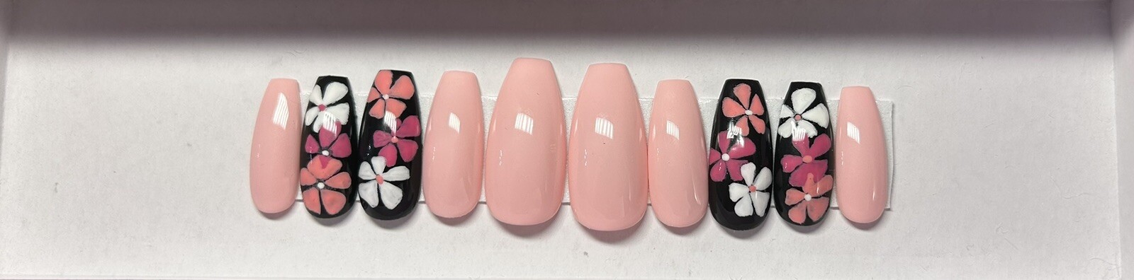 pink and black with flowers press on nails
