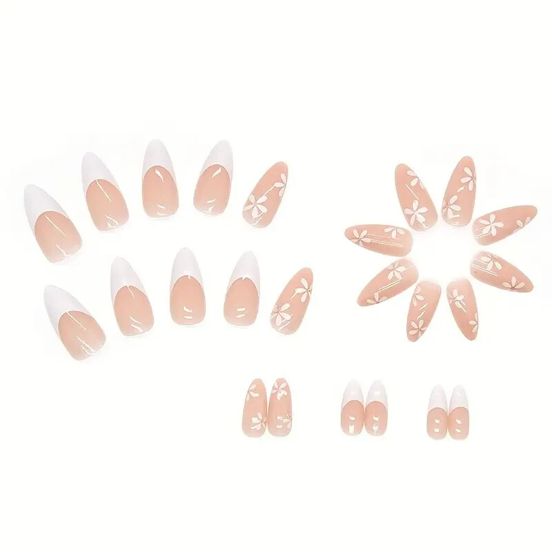 24pcs Pure Love Pink Glossy Almond Shaped Middle Length Flower Nail Tips