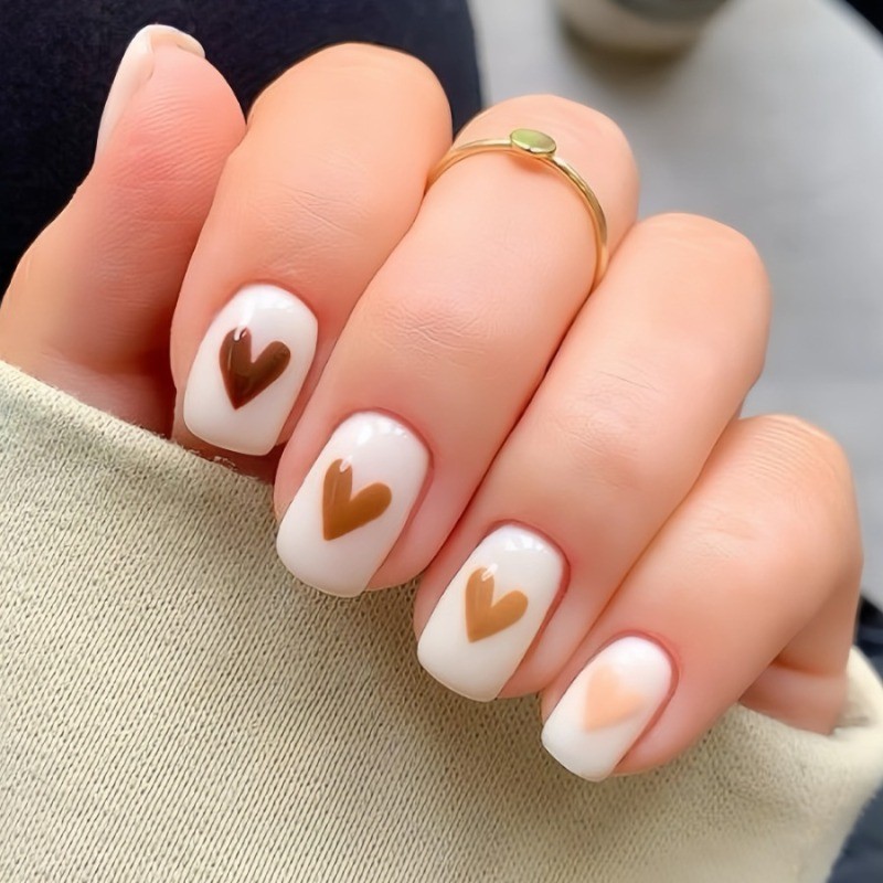 48PCS Short Square White Brown Heart Gradient Reusable Fake Nail Art