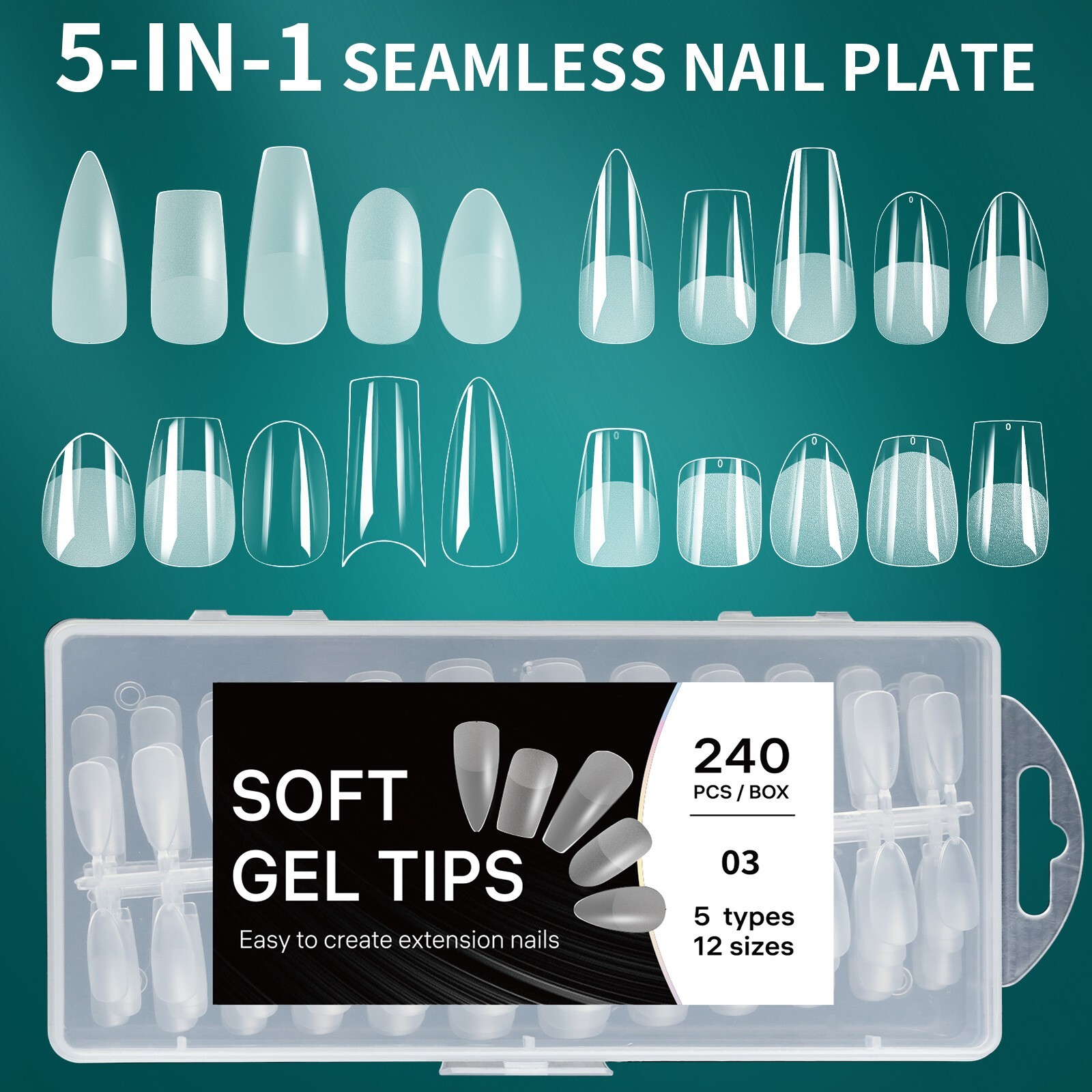 240pcs Nail Plate False Nail Tips 5 Mix Shapes Set Stiletto/Square/Coffin/Almond