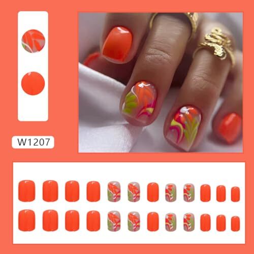 24Pcs Orange Press On Nails Short Square – WLGDLH Fake Nails Bright Design 1B1
