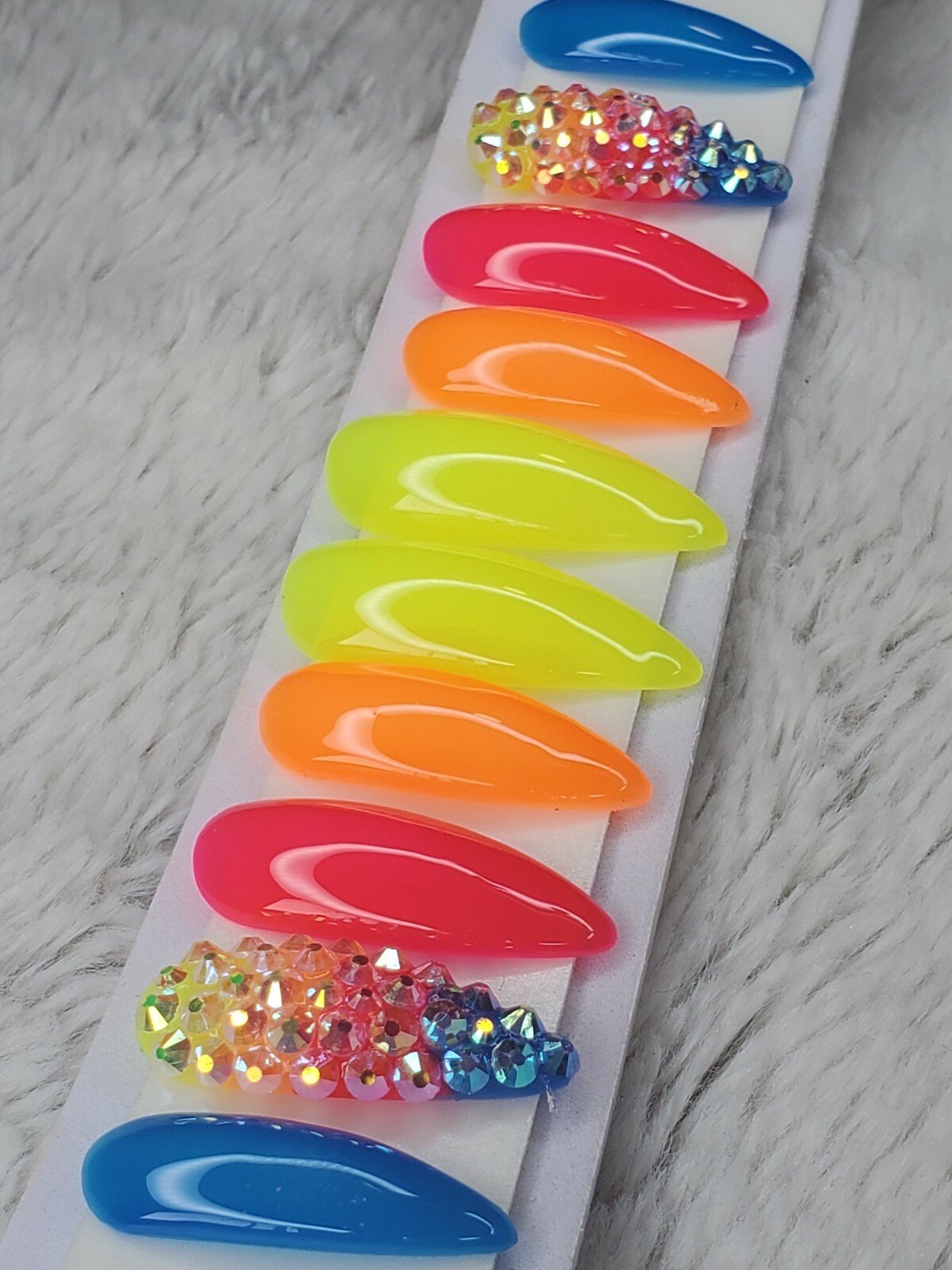 Bright Neon Rainbow ombre bling nails w/ crystals Press On jelly nails stiletto