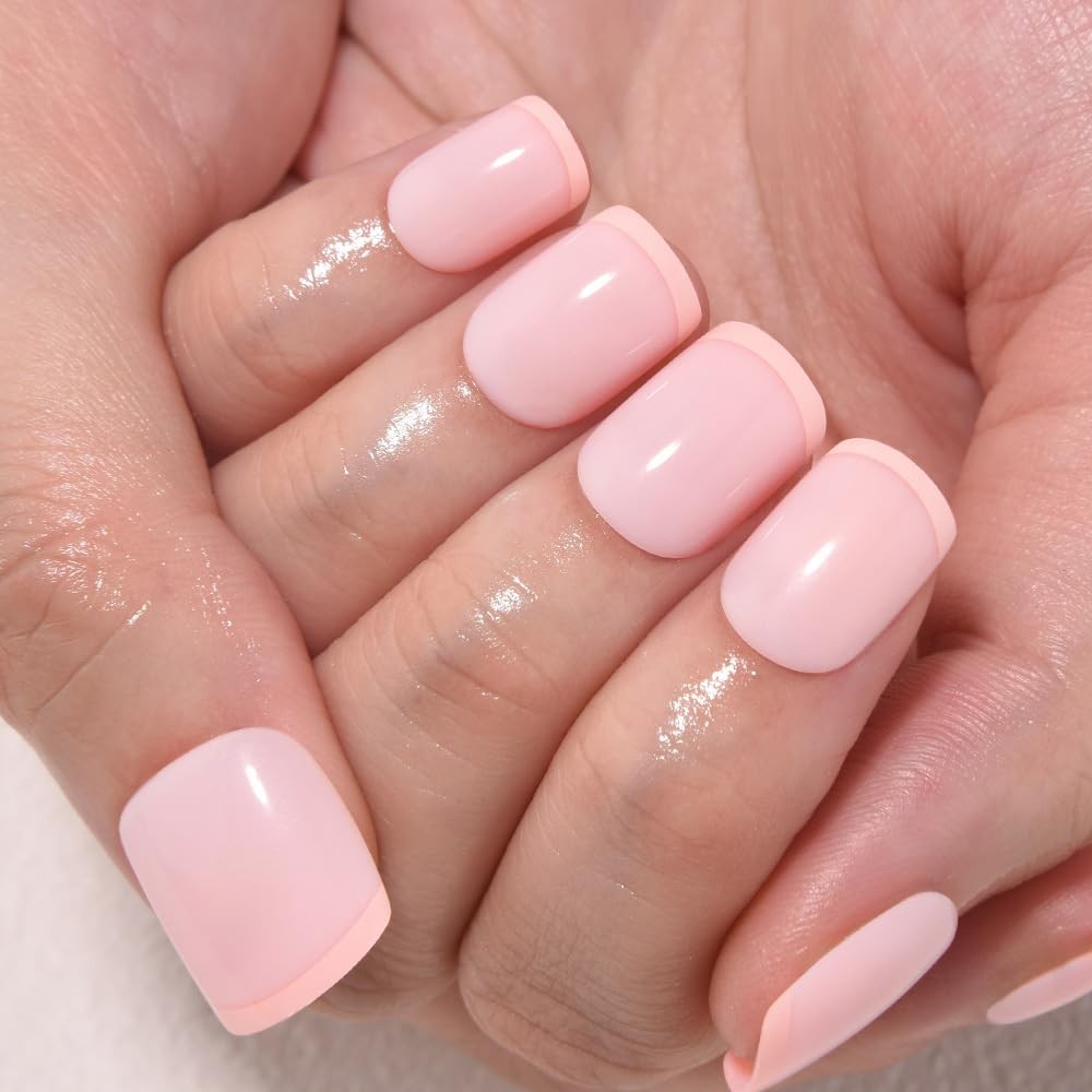 French Tips Press on Nails Nude Pink + Peach Tips Short Round (30 Count)