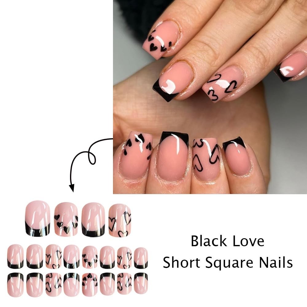 Valentines Black French Tip Press on Nails Short Square Fake Nails with Black…