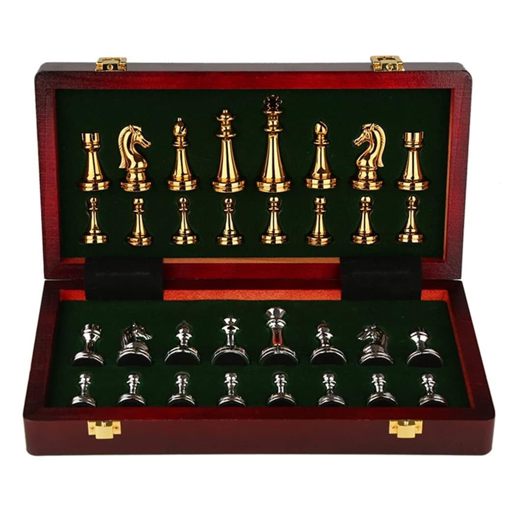 11Inch Large Deluxe Metal Chess Set – Portable Wooden 11 inches, Silver Gold
