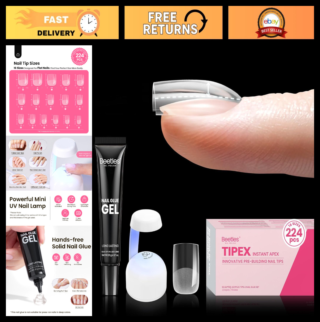 Extra Short Square Gel Nail Kit – 224 Pcs Pre-Building Tips, Mini Lamp & Glue