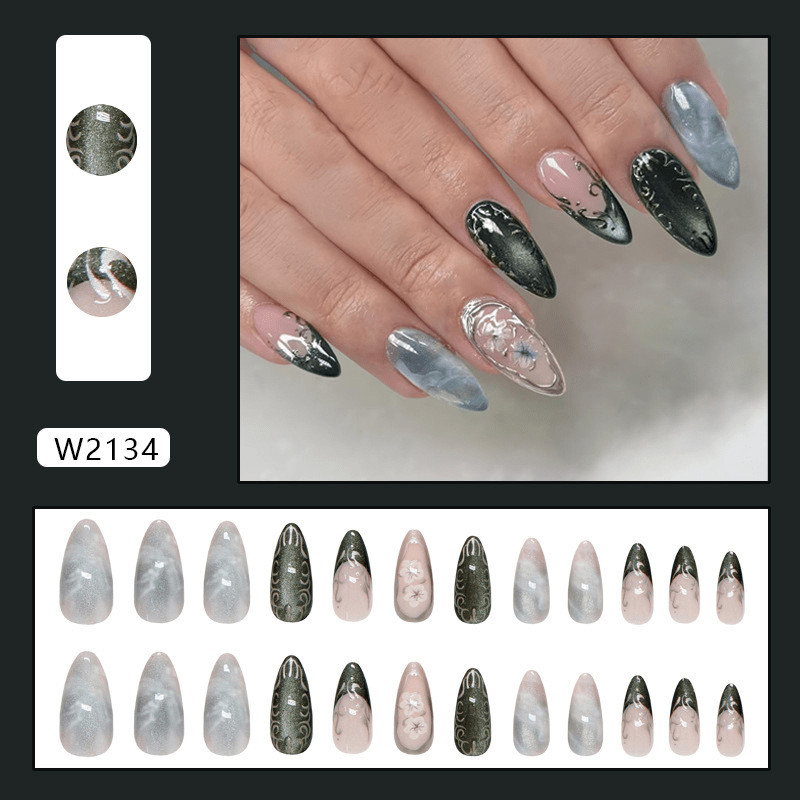 48p Dark Green Gradient Carved Nails,New Chinese Style Metal Line Press on Nails