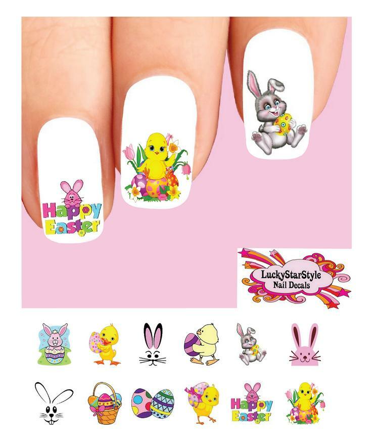 Waterslide Nail Decals Set of 48 – Happy Easter Bunny Basket Chick Eggs Assorted