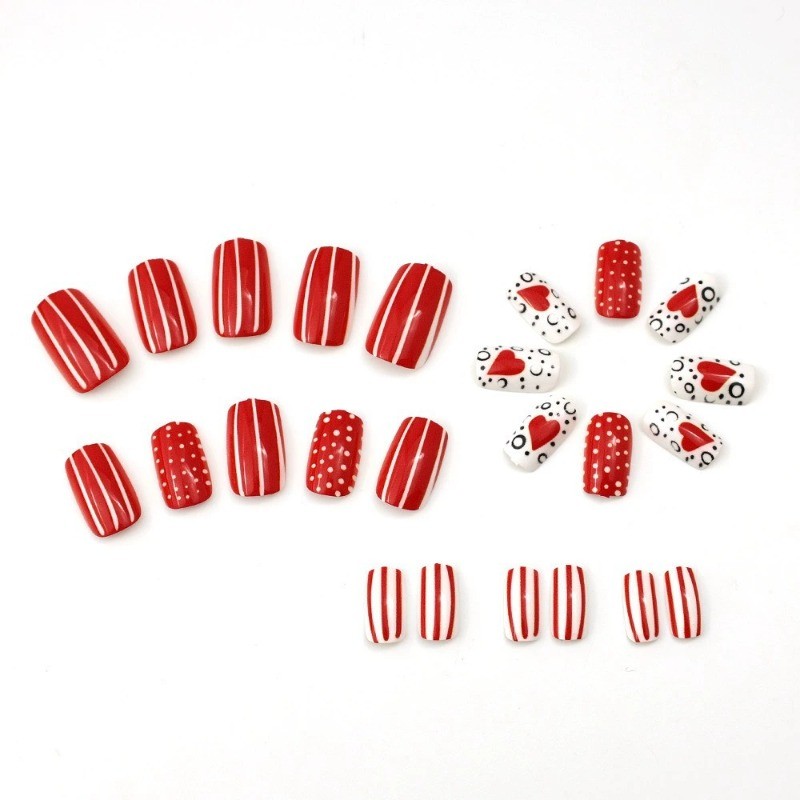 48PCS Women’s Red Square Long Nails with Red Border Heart-shaped Nail Art