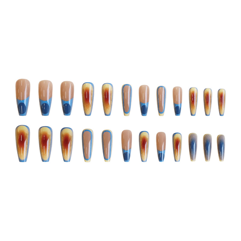 48P Long Coffin Press on Nails, Blue Orange Gradient French Stylish Fake Nails