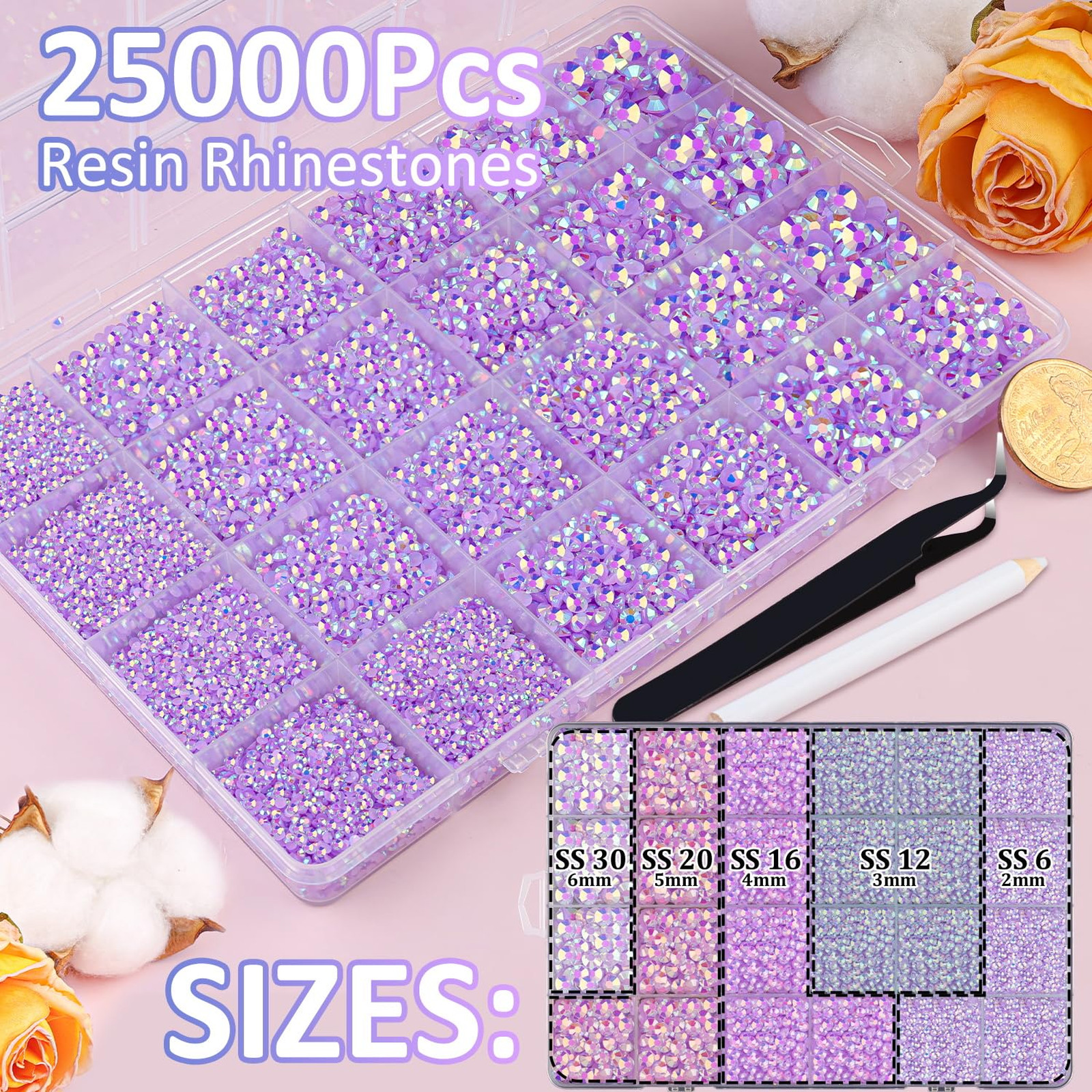 Resin Jelly Rhinestones Lavender Purple AB Flatback Gems 25000Pcs with Tweezers