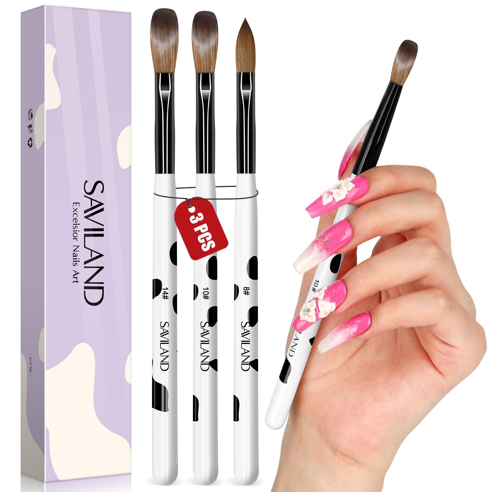 Saviland 3pcs Acrylic Nail Brush Set, Size 8/10/14 1A-Size 8/10/14, 1A-White