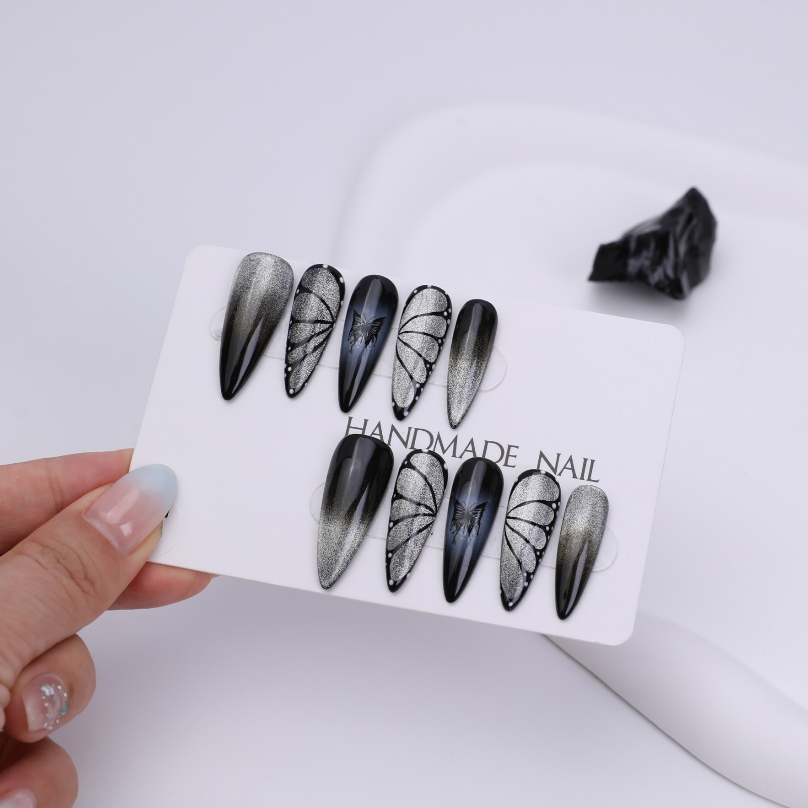 Press On Nails Long Stiletto Black Silver Butterfly Wing Glitter Gothic Nail Set